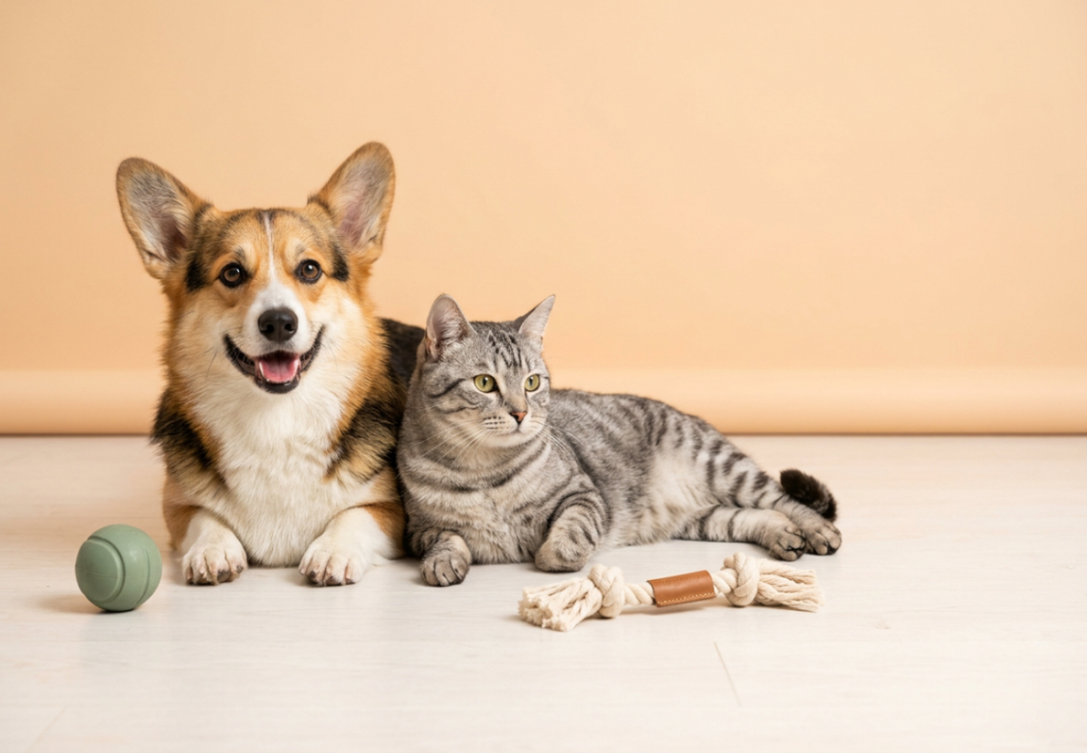 Corgi and silver tabby resting beside toys
